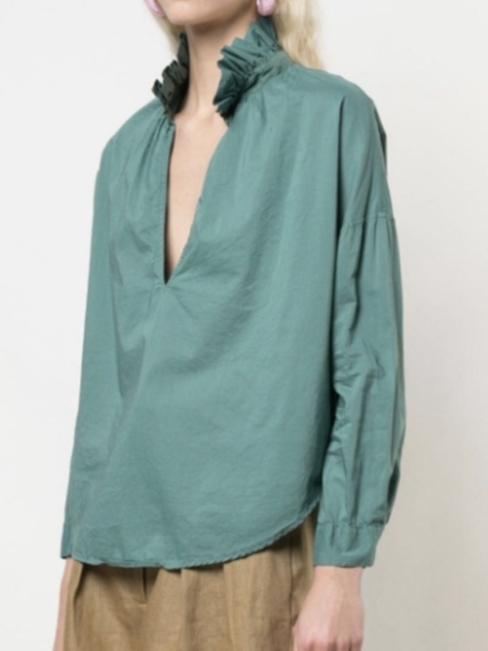 A Shirt Thing Penelope top green color,  a distinctive ruffle neck small